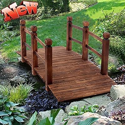 Koopee LEEXCCOS Higher Quality & Stronger Wooden Garden Bridge for Outdoors 5ft, More Durable Landscape Arch with Safety Railsm, 500lbs Capacity Decorative Pond Bridge (Stained Wood)