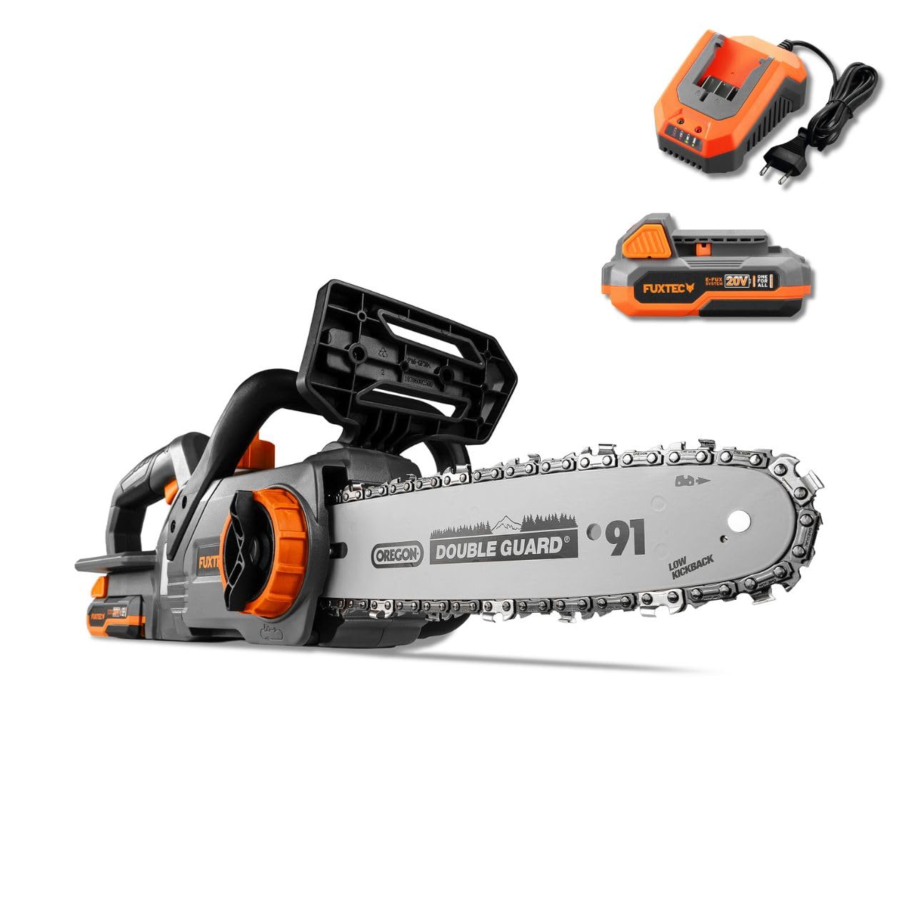 Motosega a batteria 20V FUXTEC FX-​E1KS20 – con batteria e caricatore – lunghezza di taglio 24 cm (10 pollici) velocità della catena di 5m/​s – leggera e compatta