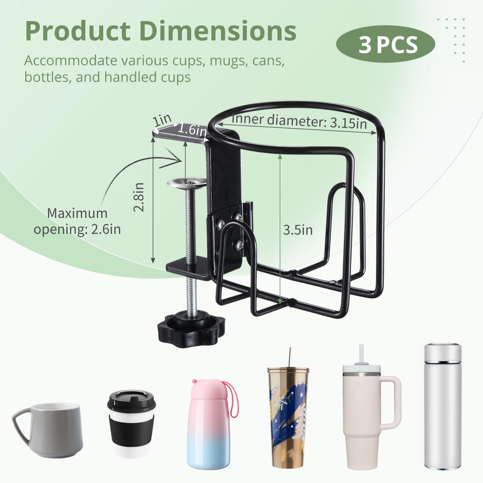 Paquete de 3 portavasos con abrazadera para escritorio, estantes ajustables para mesas, escritorios y sillas de ruedas, montaje horizontal y vertical
