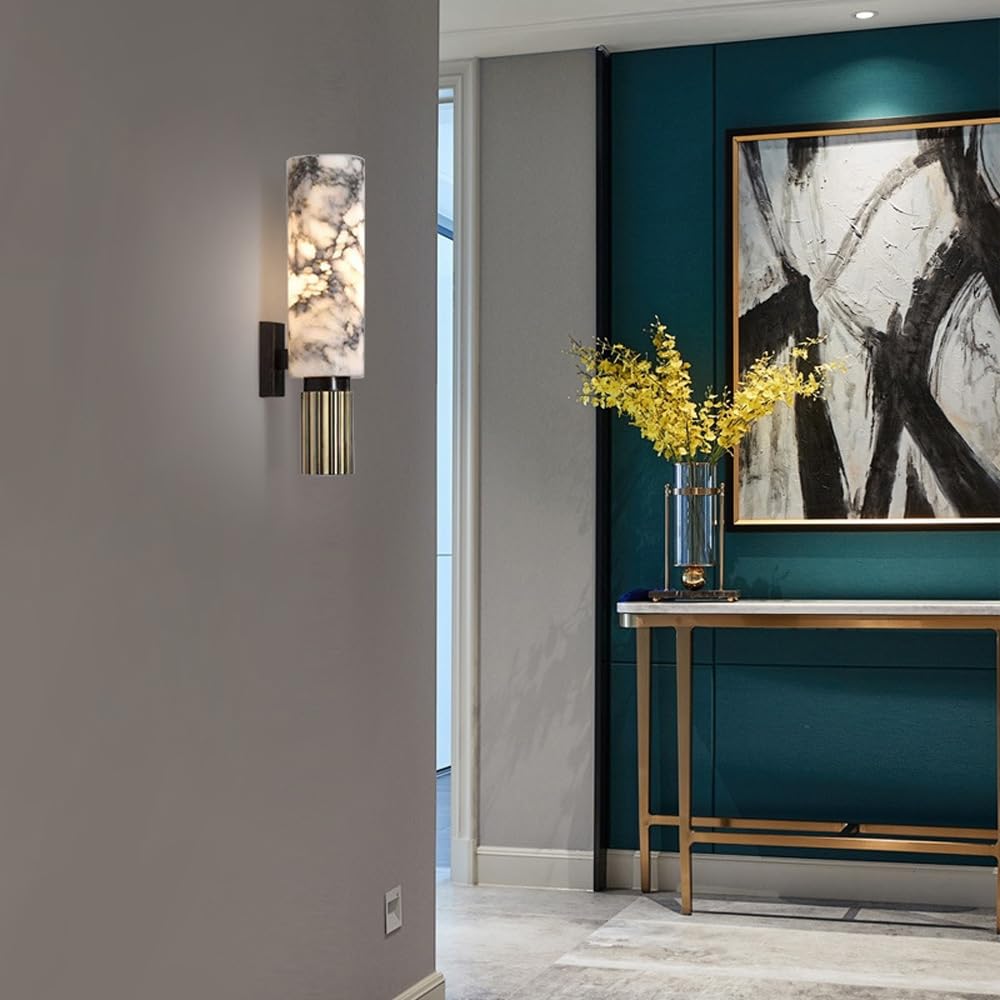 Applique da Parete Moderne per Interni in Marmo con Barra Luminosa Lineare in Ottone Bianco Nero E Oro Ideali per Corridoio Bagno Camera da Letto E Soggiorno
