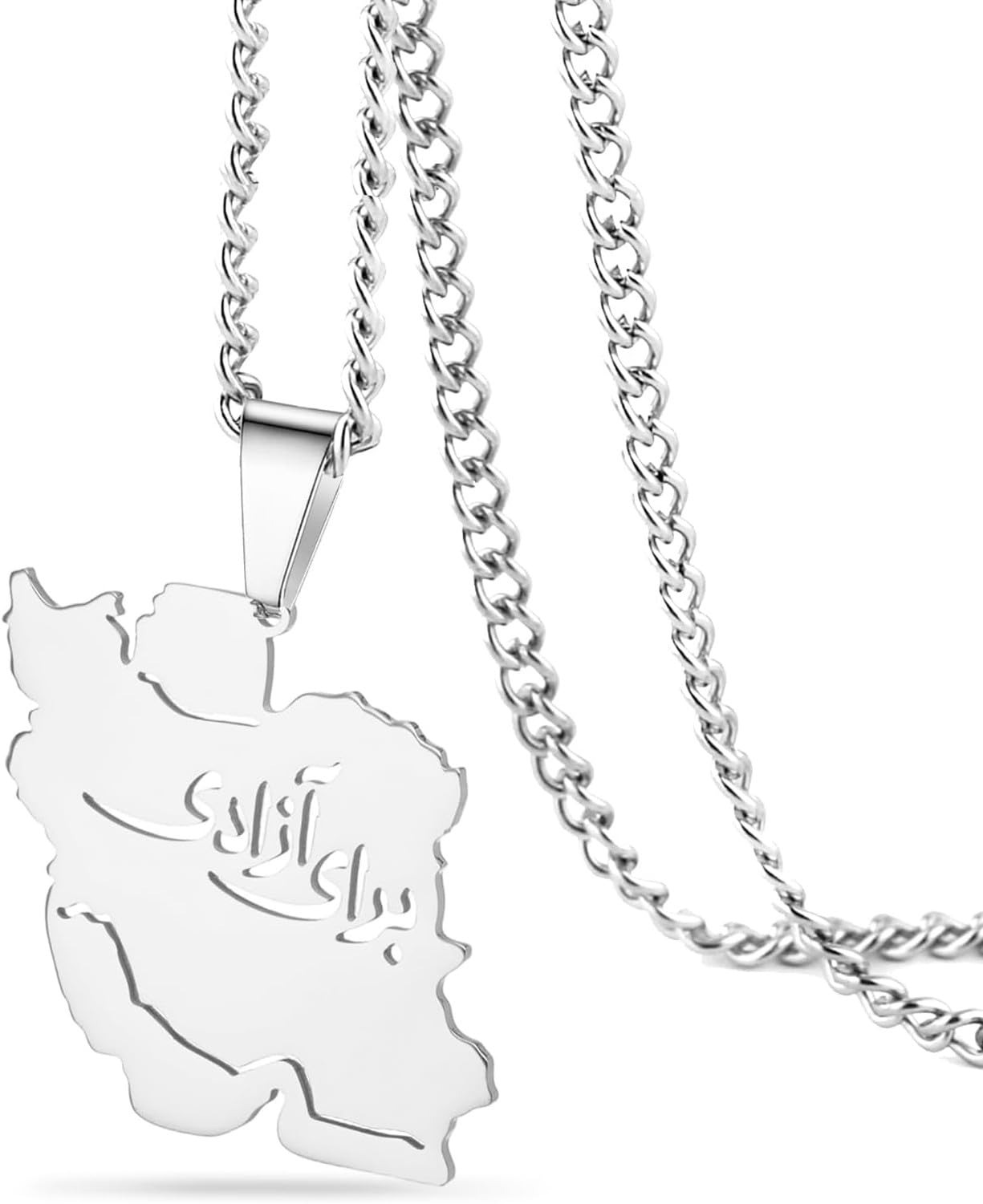 GIOFEOIK Iran Map Pendant Necklace with Dove Flag Colour CZ Stainless Steel Persian Patriotic Jewellery Gift for Women Men, silver 6