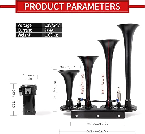 Vista 38 de FARBIN - Bocina de aire de 4 trompetas, 12/24 V, 178 dB, superpotente, incluye solenoide eléctrico, universal, para trenes, camiones, SUV y lanchas