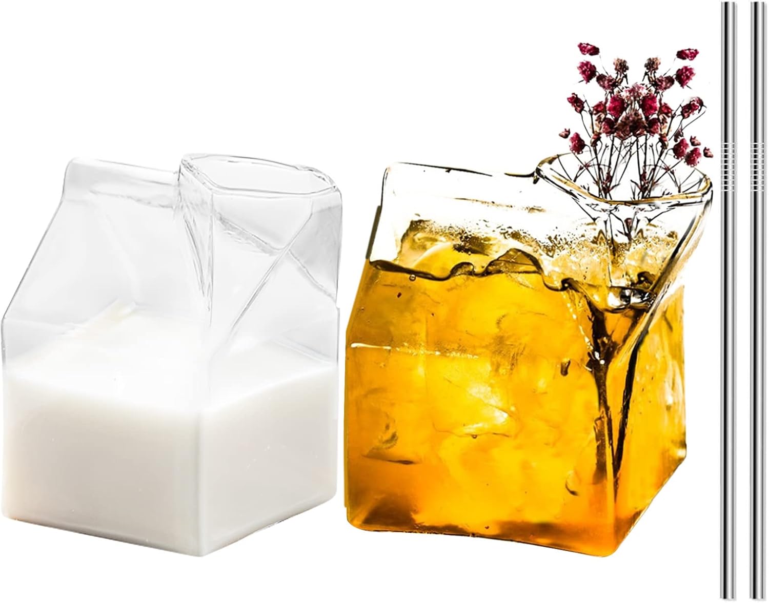 Cocktail Glasses Set of 2 Glass Milk Carton Creamers 12oz