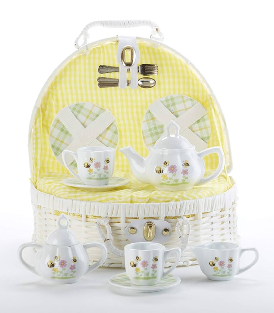 Amazon.com | Delton Porcelain Tea Set in Basket, Bee Buzz