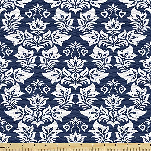 Ambesonne Damask Fabric by The Yard, Antique Floral Ornament with Baroque Curls Curves Foliage Nature Theme, Decorative Fabric for Upholstery and Home Accents, 1 Yard, Petrol Blue