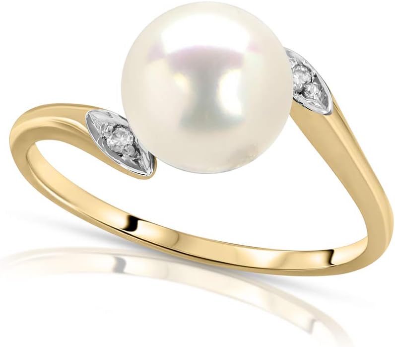 14K White Gold Black or White Akoya Cultured Pearl Ring with .02ct Diamonds