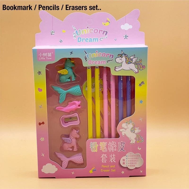 Image of Crackles Unicorn Stationary Kit with Pencils, Erasers, Sharpener, Ruler Bookmark, Pencil Grip Combo Set for Best Return Gift