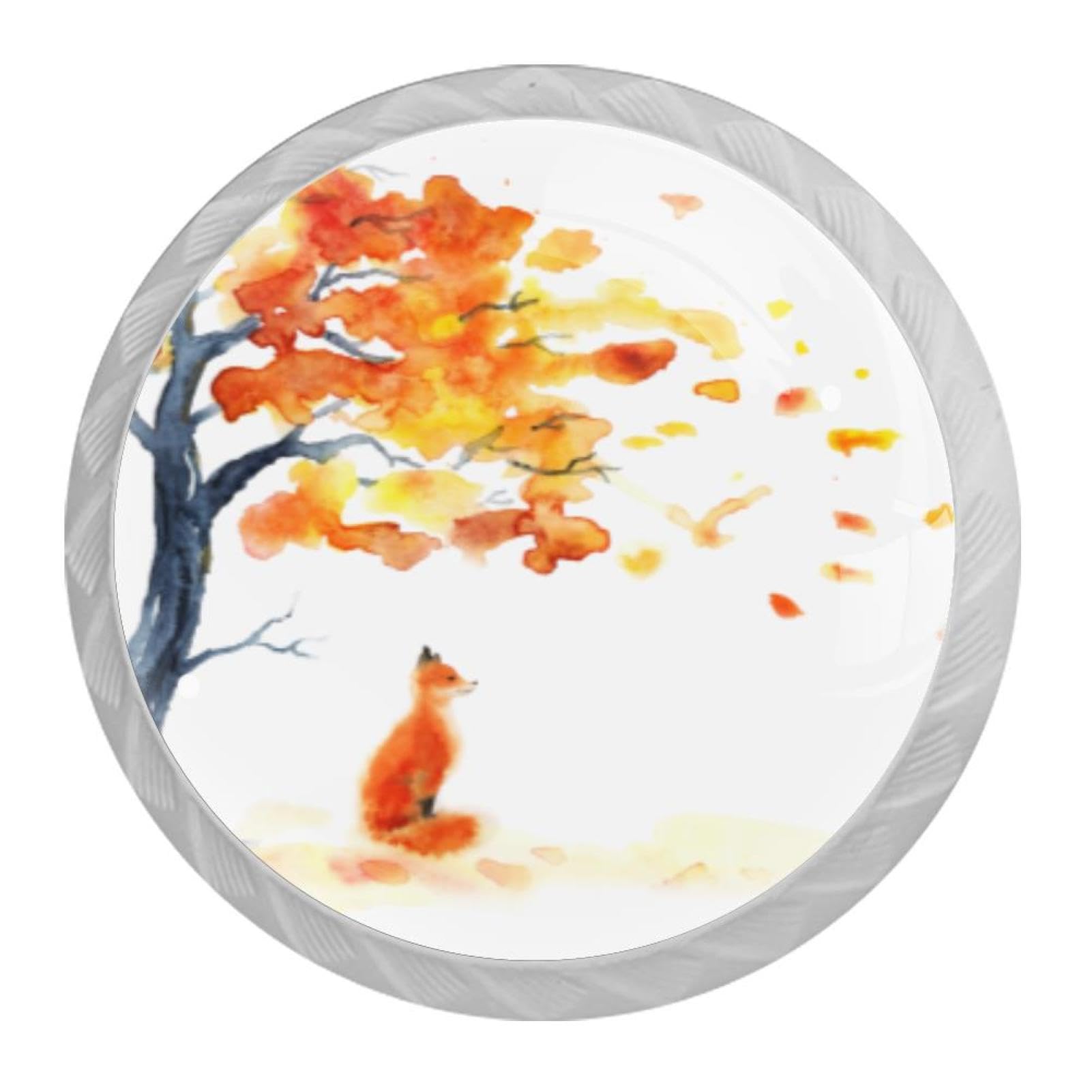 Tqmspg 4 Pieces Drawer Pulls Fall Tree Orange Leaves Fox Door Knobs Dresser Handles for Kitchen Wardrobe Cupboard Hardware Furniture