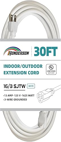 Cable de extensión para exteriores de 30 pies, 163 SJTW, cable de extensión blanco duradero con enchufe de 3 clavijas para mayor seguridad, ideal