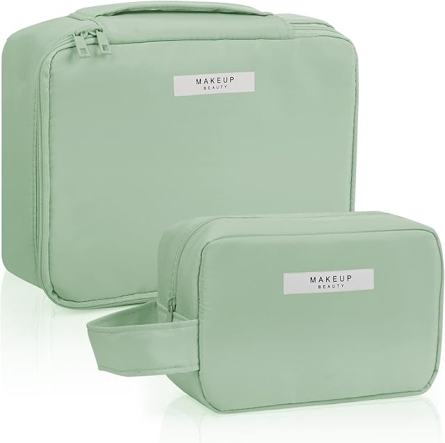 2Pcs Makeup Bag Travel Makeup Bag Waterproof Cosmetic Bag Portable Makeup Organizer Bag for Women Girls(Green)