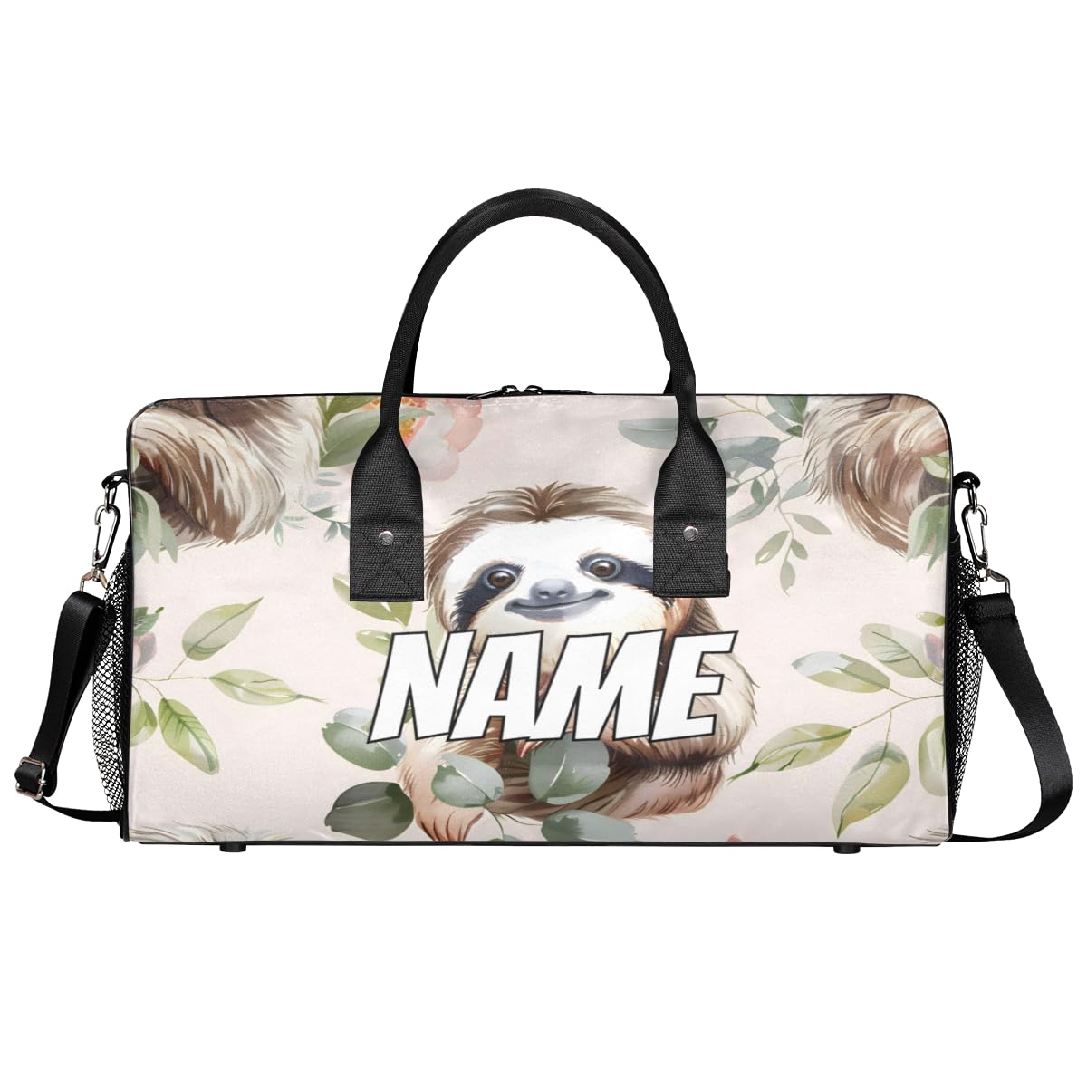 Zestdesign Personalized Cute Sloth Travel Duffel Bag with Name, Custom Gym Sport Bag Funny Cartoon Sloths Carry On Weekend Overnight Duffel Bag for