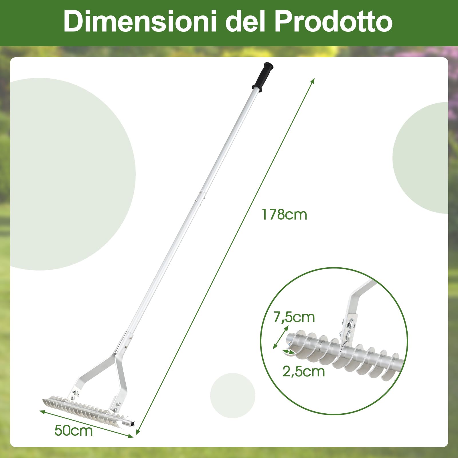 COSTWAY Arieggiatore per Prato 178 cm, Rastrello per Allentare Suolo da 50 cm in Alluminio con Manico Lungo e 19 Denti Curvi, Arieggiatore Manuale da Giardino e Cortile