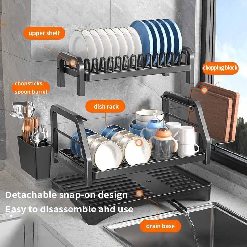 Miniatura 2 de JUSHZ Escurridor de platos Escurridor Escurridor sobre el fregadero Escurridor Con bandeja de goteo Metal de 2 niveles Con soporte para cubiertos