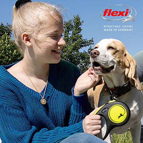 Image of FLEXI New Neon Tape Retractable Dog Leash for Small Dogs Upto 15kgs. - 16 ft., Yellow | Tangle Free Pet Walking Leash with One-Handed Brake, Pause, Lock | German Quality Product