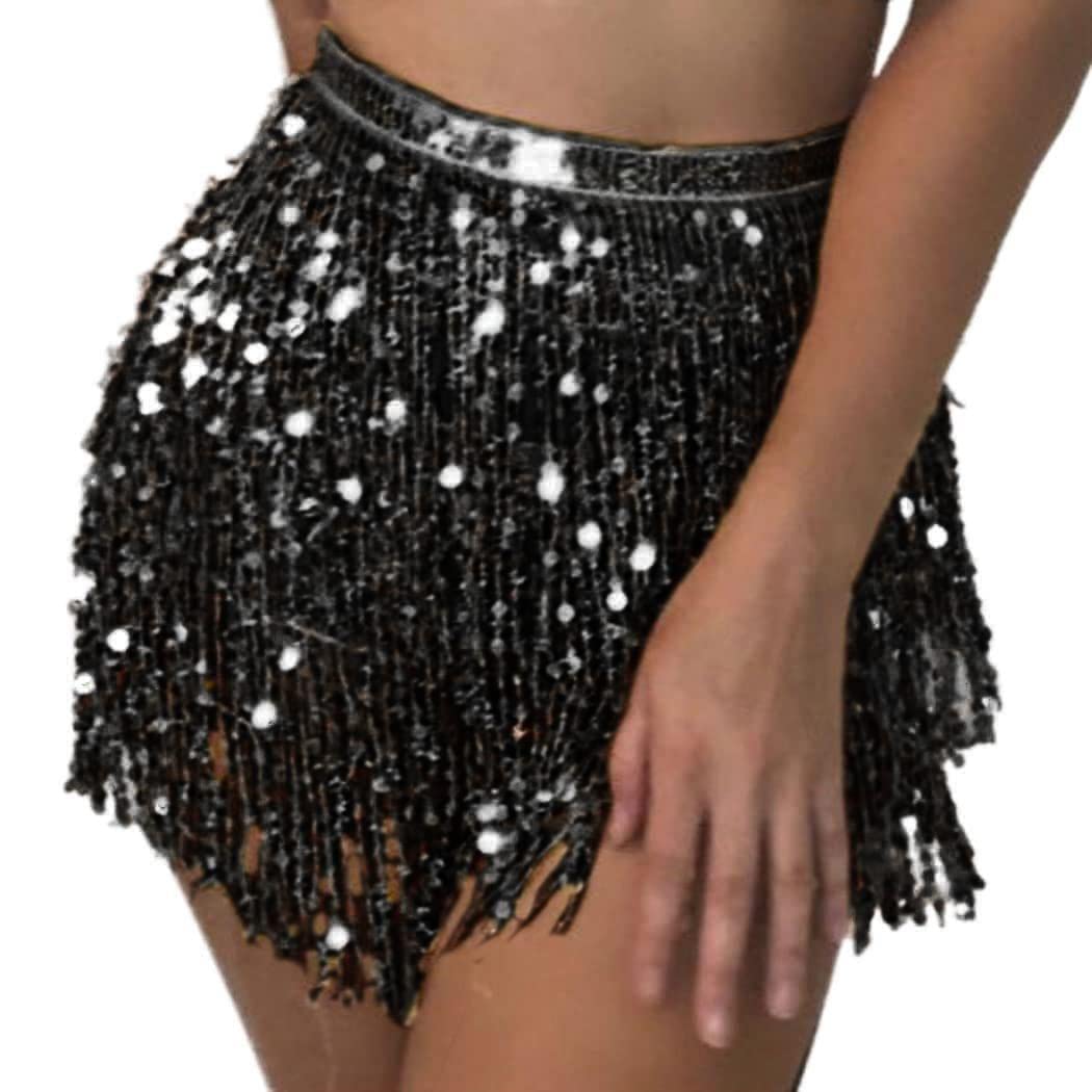 Flovel Falda con borlas de Lentejuelas Danza del Vientre Pañuelo a la Cadera Traje Rave Falda con Flecos Traje Rave para Mujeres y niñas