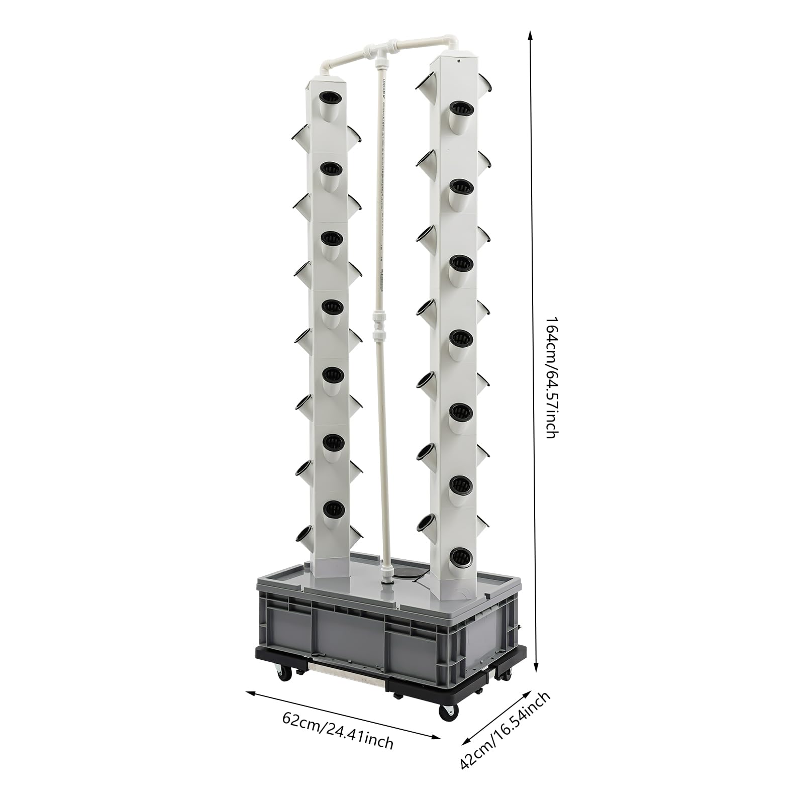 OUKANING 56 piante idroponiche Tower, 164 cm, giardino verticale con pompa e timer, 4 ruote con 2 freni, sistema di irrigazione automatico per balcone, interno, base grigia, colonne bianche