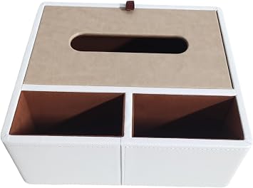 Multi-Function Tissue Box Organizer with Storage Compartments, Faux Leather Desktop Caddy, Home and car use White