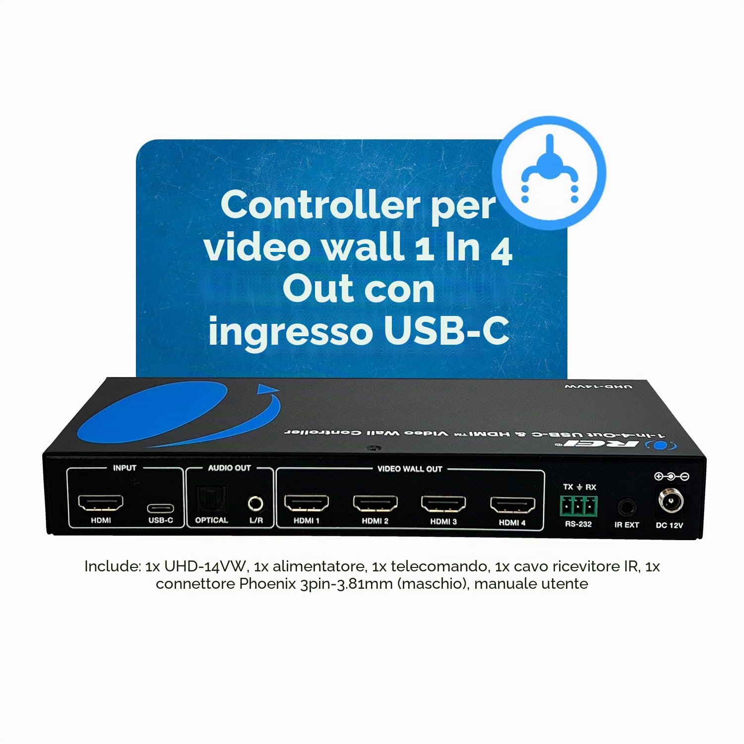 OREI 4K 2x2 HDMI o USB-C Video Wall Controller Processor Display Upto 4K 60hz 2x1, 1x2, 1x3, 1x4 supports 180 gradi Rotate RS-232 Audio Extraction (UHD-14VW)