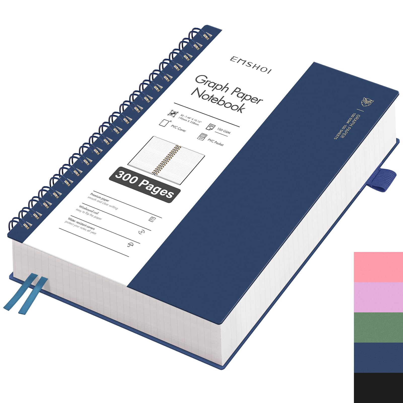 EMSHOI Notebook B5 Chequered, Spiral Notepad with 300 Pages / 150 Sheets, 100gsm Checked Paper for Writing, PVC Hard Cover, Notebooks for School, Work, Drawing, Travel, 19 x 25 cm - Blue