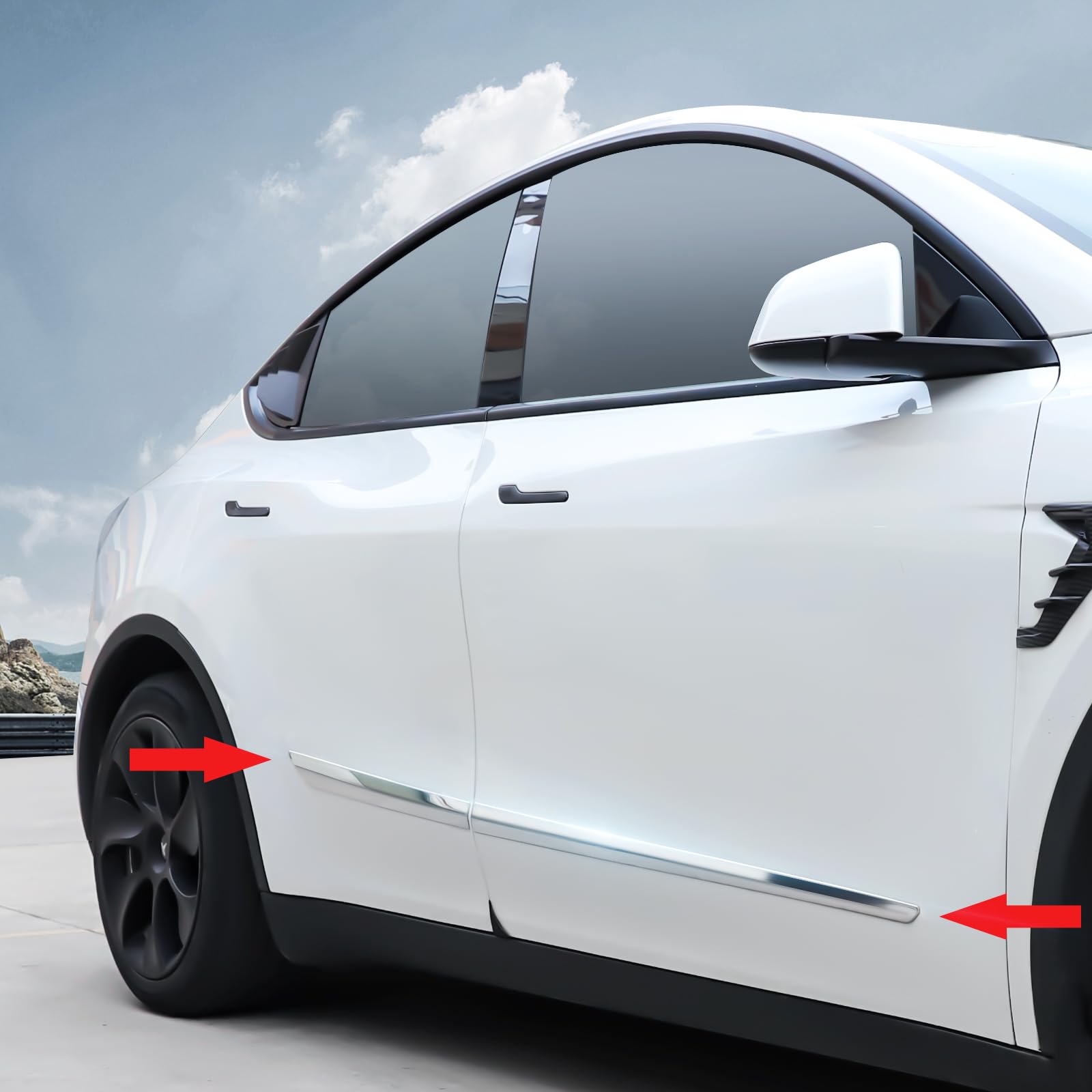 Photo 1 of ShowEv Tesla Model Y Side Door Wrap Trim Sticker,Body Kit Decals Cover Guard Parts Skirt Anti Kick Protector Molding Sport Style Exterior Decoration Modification Accessories(Stainless Steel,4 PCS)