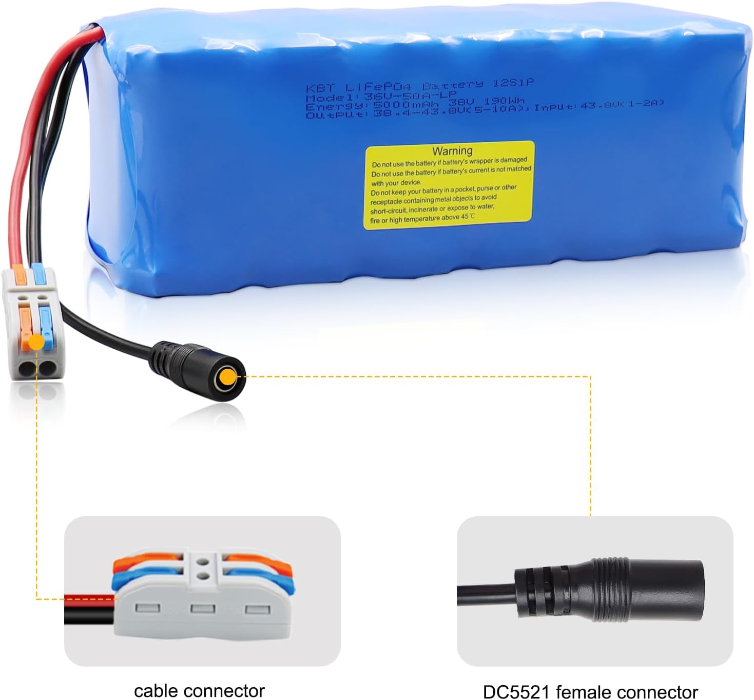 KBT 36V 5Ah Rechargeable LiFePO4 Battery Pack with Charger, Charging Cable, Cable Connector, Build-in 10A BMS - Image 4