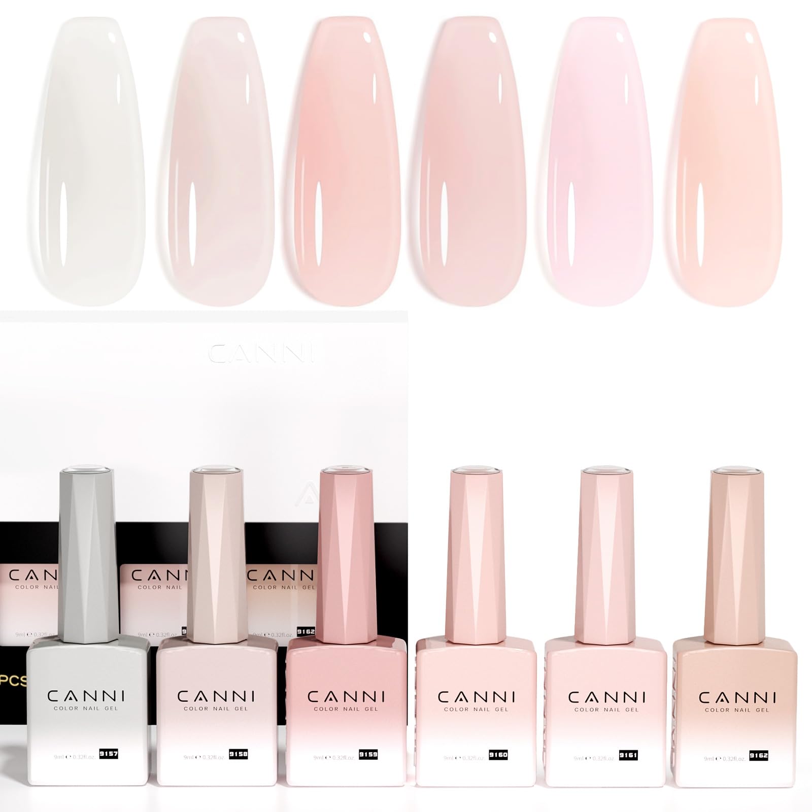 CANNI Jelly Nude Pink Gel Nail Polish Set- 6 Pcs 9 Ml Neutral Transparent Milky White Colors Gel Polish Kit, Soak Off LED Nail Gel Manicure Kit DIY at