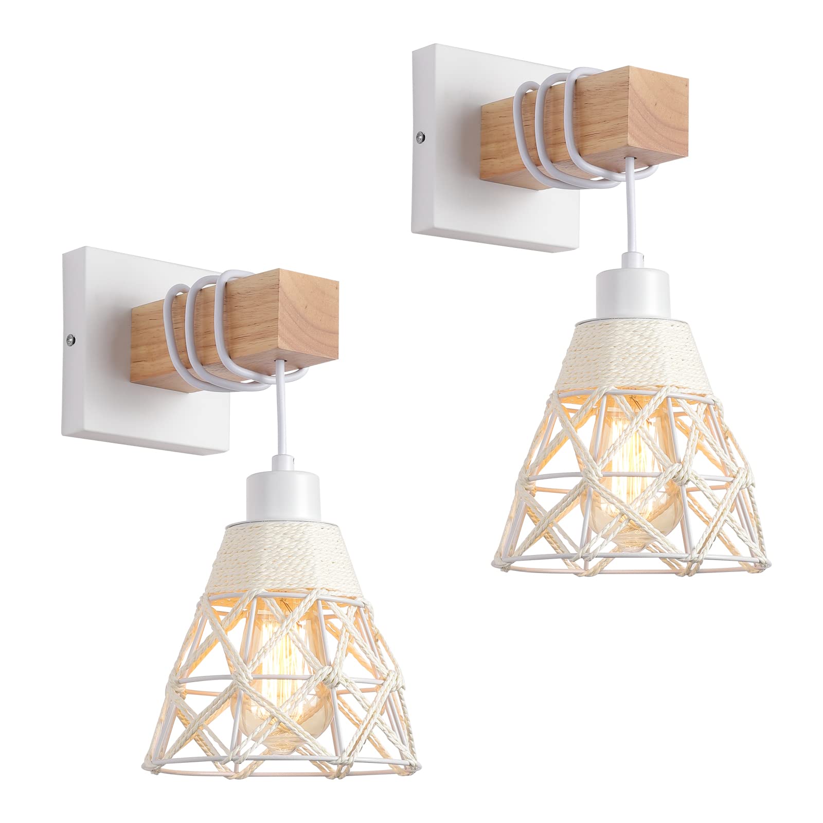 White Wall Sconce Set of Two,Boho Rattan Wall Sconces Light Fixtures with Metal Cage Shade