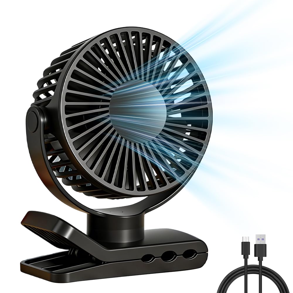 Jonuin Portable Clip on Fan, 5.9" Rechargeable USB Desk Fan with 5 Speeds, 360° rotation, Timer & Quiet Operation, Small Desktop Fans with Clip for Home, Office, Camping, Stroller (Black)