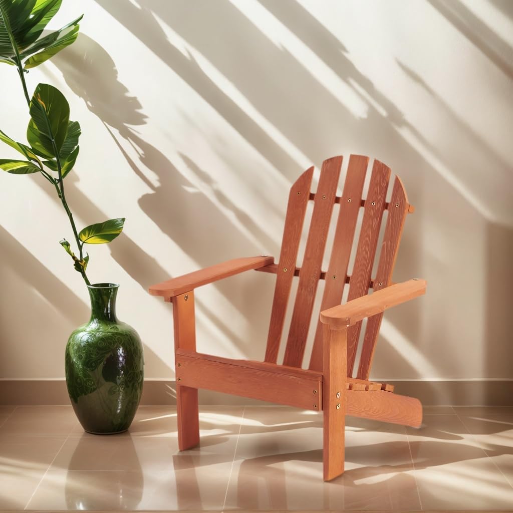 Kids Wooden Adirondack Chair – Solid Hemlock Wood, Natural Finish with Red Accents, 19.5" D x 19" W x 24" H, 80 lbs Capacity, for Indoor & Outdoor Use