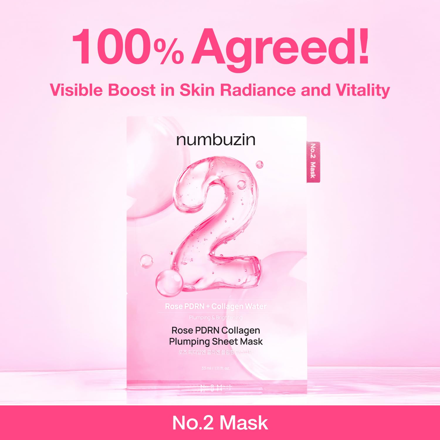 numbuzin No.2 Sheet Mask | Rose PDRN Collagen Plumping Sheet Mask | Korean Mask for face | Brightening, Hydrating, Firming and Moisturizing | Collagen, Peptides, PDRN | 4ea