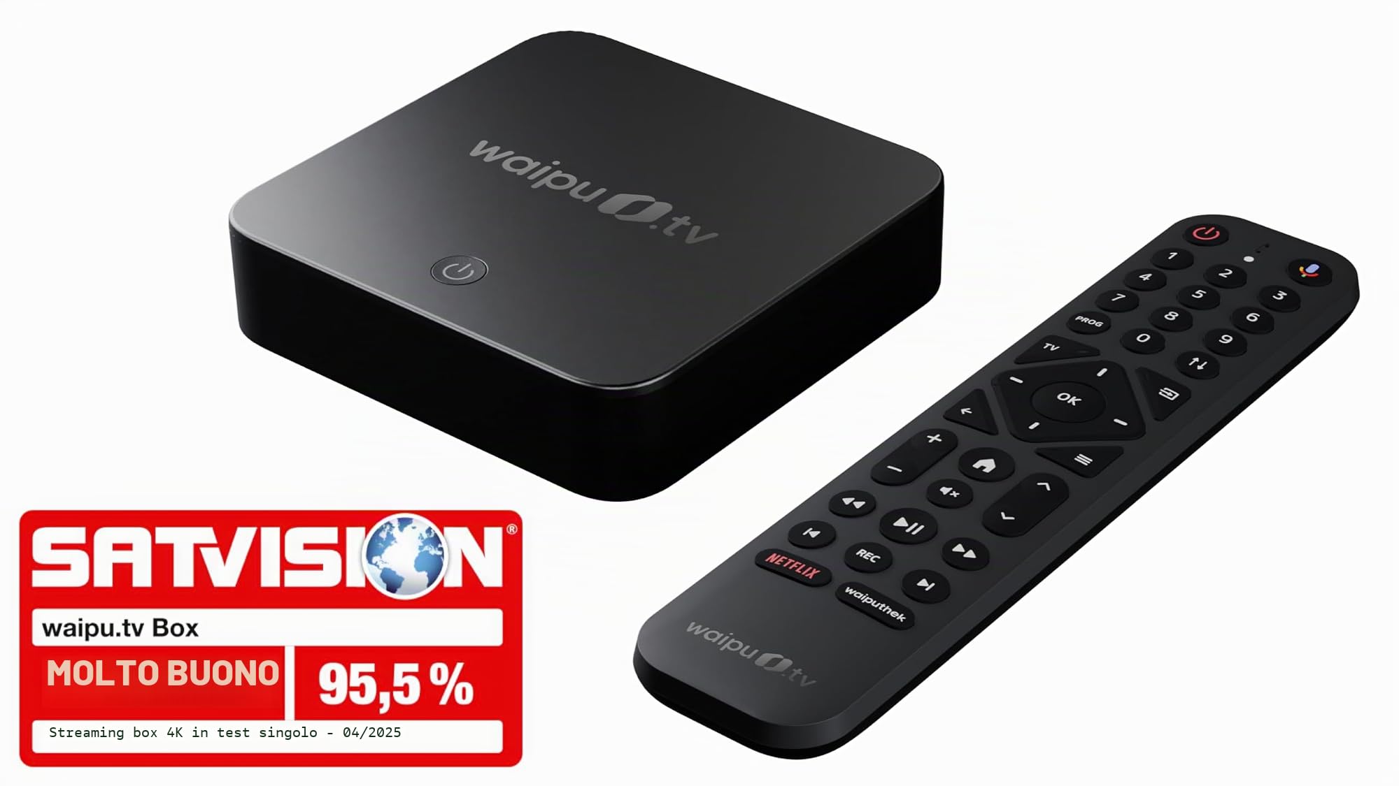 waipu.tv Box | Telecomando con illuminazione | Televisione via Wi-Fi | LAN | HDMI | 4K | HDR10+ | Dolby Vision | Dolby Atmos | Voucher per 3 mesi 300 canali TV e 40.000 film e serie