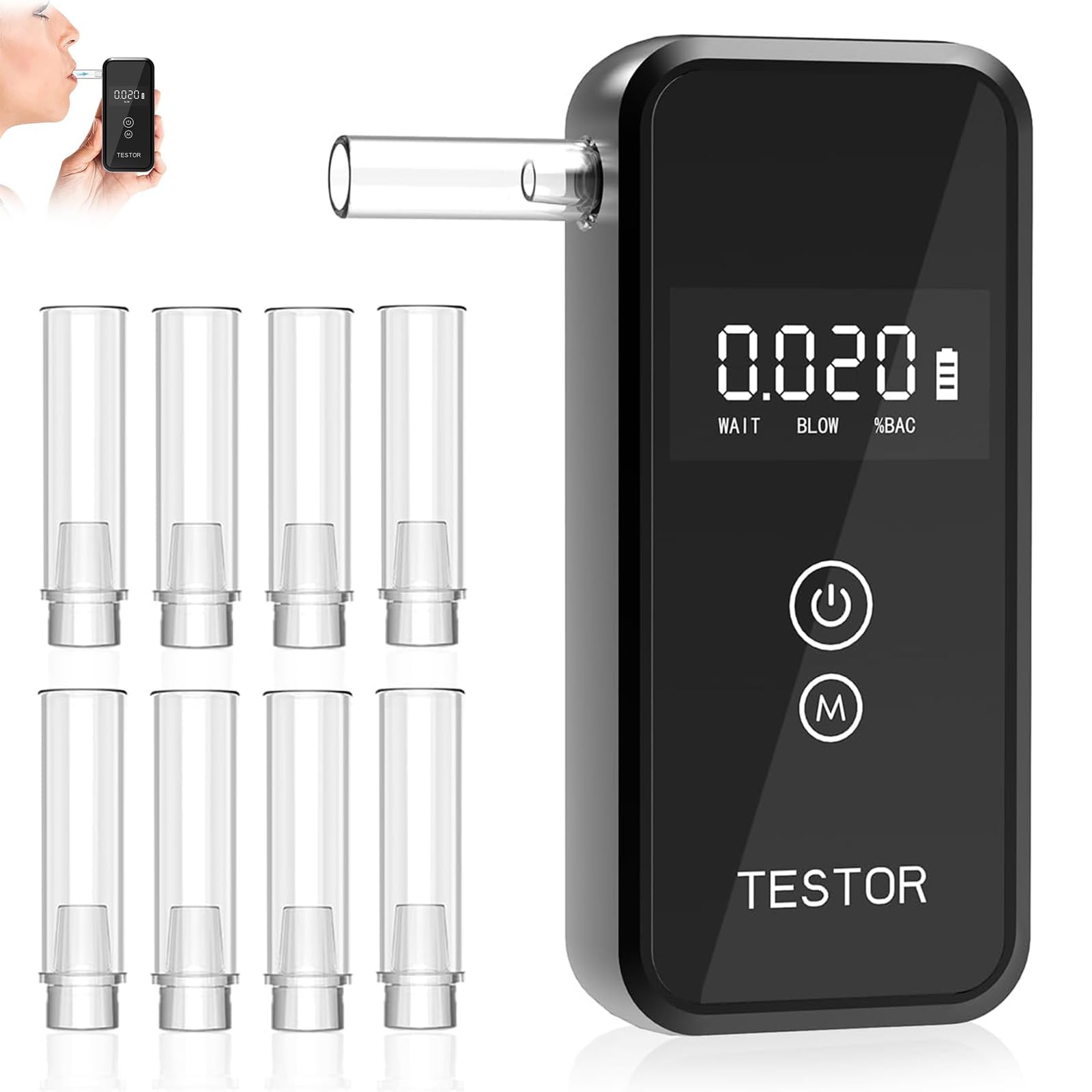 Alcoholimetro, Alcoholimetro Homologado Digital con Pantalla LCD Azul, Detector Profesional del Nivel de Alcohol con Gran precisión para uso personal y profesional, 8 boquillas Reutilizables【Negro】 - 2