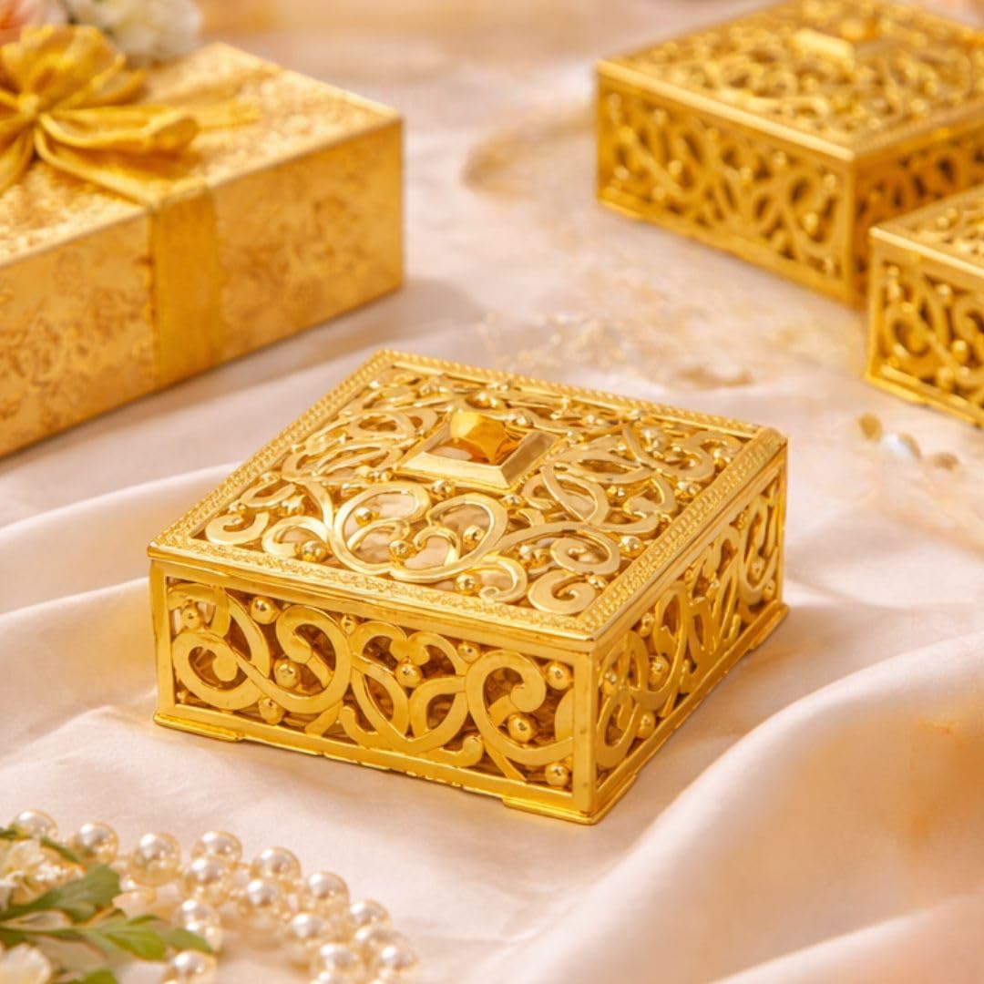 SATYAM KRAFT 6 Pcs Small Golden Decorative Acrylic Gift Boxes With Lid Empty Mini Box for Gifting Sweets Return Gifts jewellery Wedding Engagement Pooja Festive Valentine's day small storage(Square)
