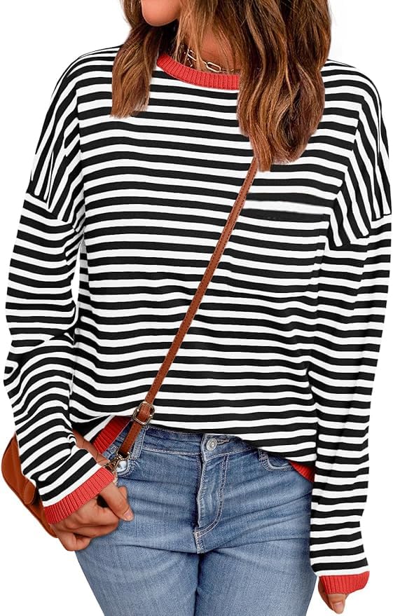 Zeagoo Striped Sweaters for Women Fall Outfits 2025 Crewneck Knit Pullover Blouse Tops Bussiness...