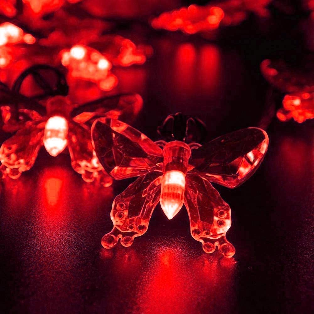 HULX Butterfly String Lights, 6.5M 30LED Solar Butterfly String Lights Outdoor Garden Solar String Lights Waterproof with 8 Mode (Red)