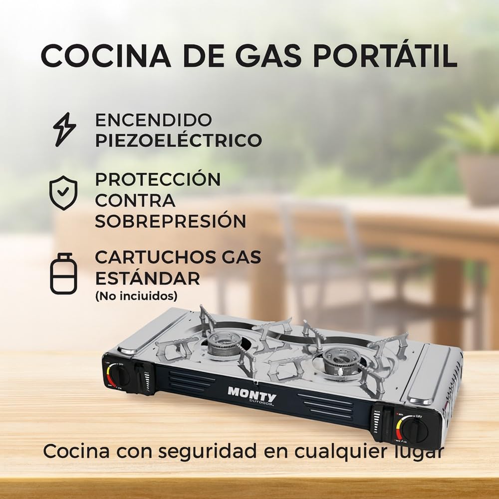 LOLAhome Cocina de Gas Portátil con 2 Quemadores y Maletín - Hornillo Camping Gas - Encendido Piezoeléctrico, Doble Sellado de Válvula y Protección Sobrepresión. Cartuchos Gas estándar - 65x28x12 cm