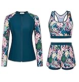 JASAMBAC 3-Teiliger Rash Guard Set Bademode Damen Tankini Bauchweg Langarm Badeshirts Bikini Oberteil Und High Waist Badeshorts Reißverschluss Badeanzug Surfanzug Sport Schwimmanzug