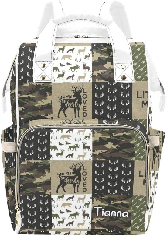XOZOTY Little Antler Man Woodland Camouflage Diaper Bags with Name Waterproof Mummy Backpack Nappy Nursing Baby Bags Gifts Tote Bag for Women
