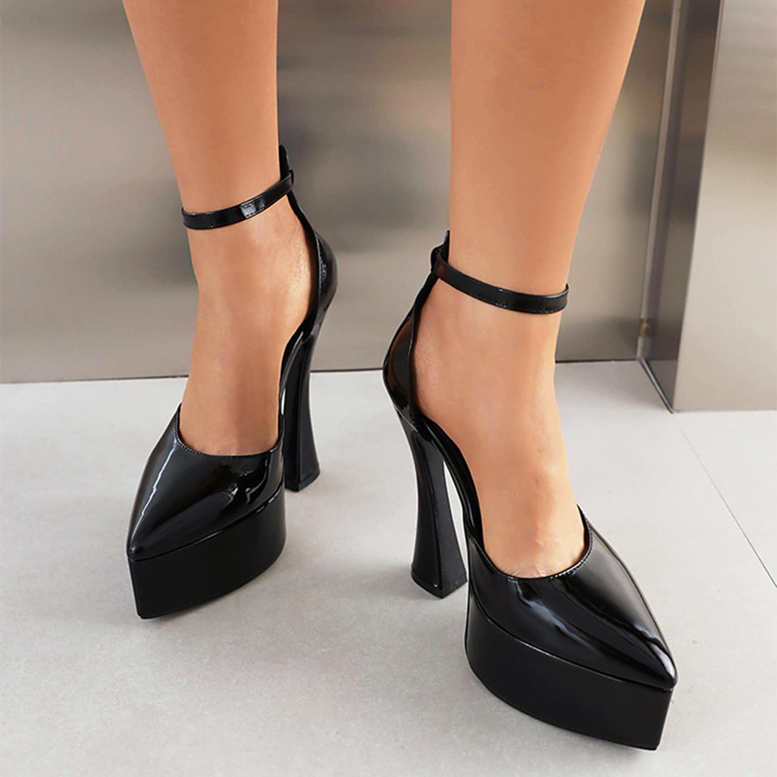 14.5CM Mujer Suela Gruesa Puntera Puntera Cerrada Tacón Grueso Correa de Tobillo Tacones Altos Vestido Zapatos de Fiesta de Boda