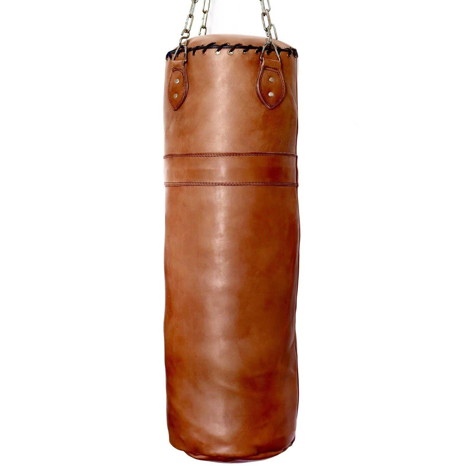 Boxsack Echtleder – Handgefertigt Vintage Leder Boxsack 100 cm Ungefüllt Befüllbar Trainingssack Deko Homegym inkl. Heavy-Duty-Kette für Deckenmontage