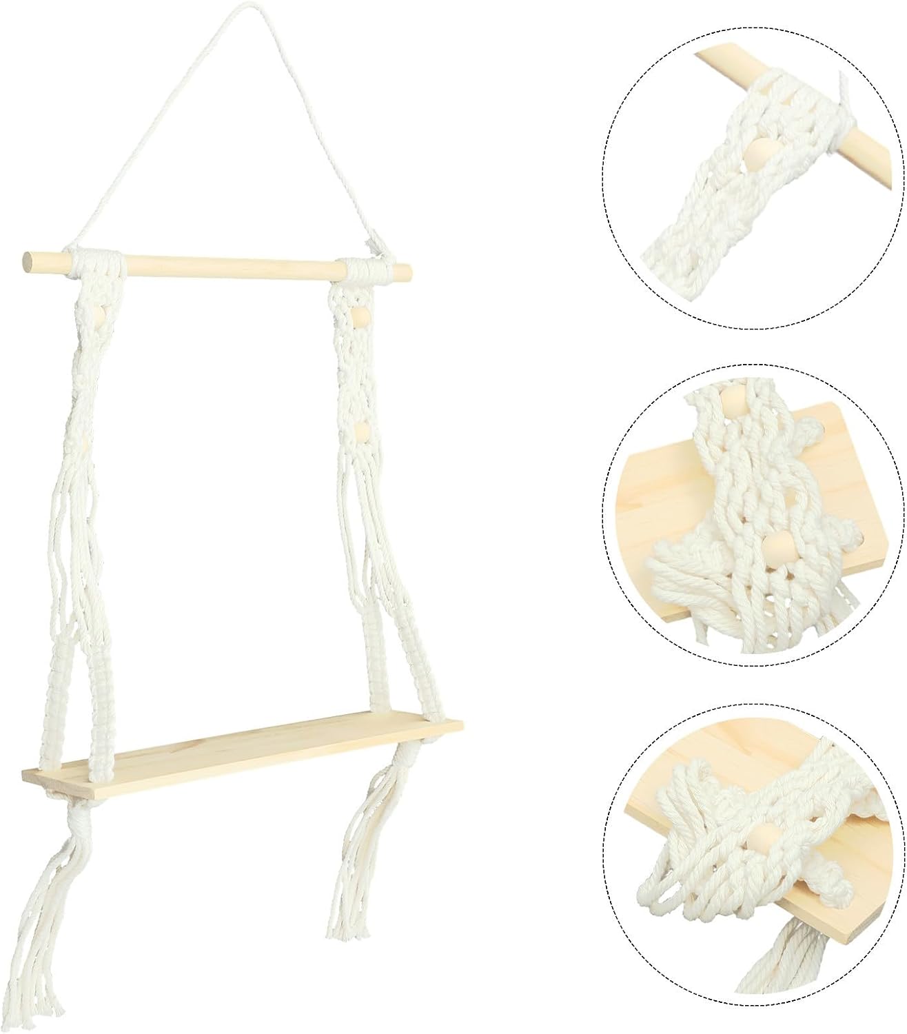 jojofuny Boho Wall Shelf Floating Shelf with Woven Design and Tassels Beige Natural Wood and Cotton Rope for Home Decor and Indoor Plant Display