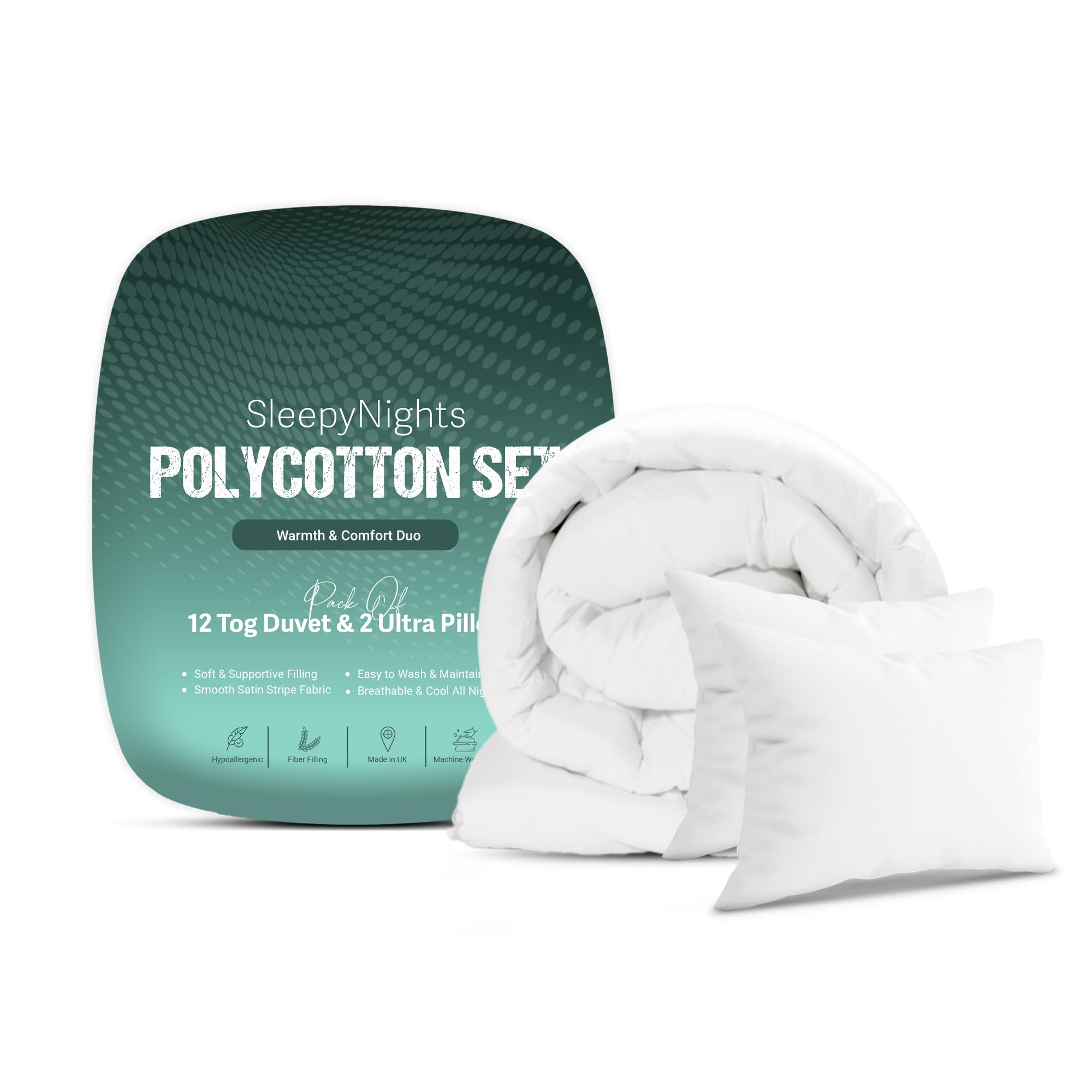 Sleepynights White Double 12 Tog Duvet Quilt With 2 Ultra Bounce Pillows Non Allergenic Soft Touch Poly Cotton