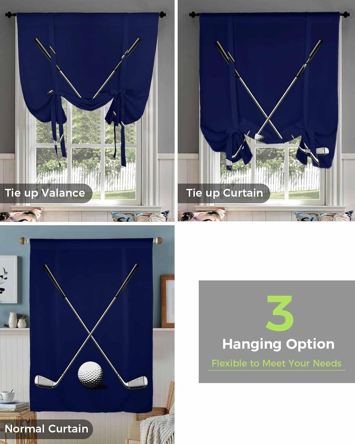 Golf Ball Tie Up Curtains for Windows 63 Inch Length Balloon Curtains Kitchen Adjustable Balloon Window Shade Navy Blue Monochrome Sport Tie Up Valance Bathroom Curtain Window 46"x63"