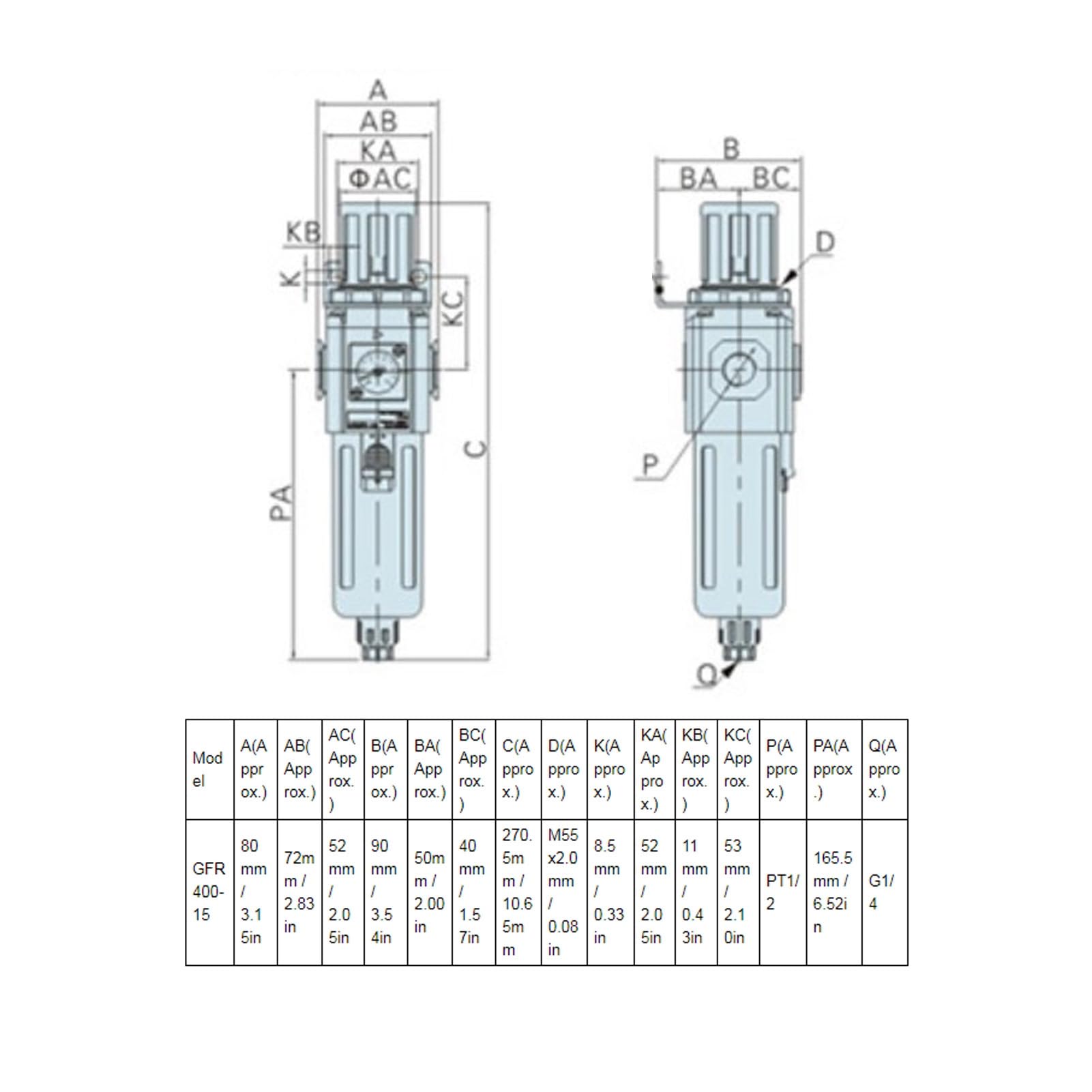 Regulador de filtro de aire comprimido Compresores de aire de aleación de aluminio Filtros reguladores de presión (GFR400-15)