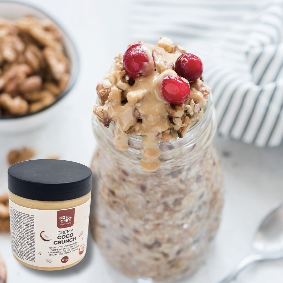 Azucren, Crema de Coco para Untar con Crujiente de Avellana, Crema para Rellenar Tartas, Perfecta para Combinar con tus Desayunos, Meriendas y Aperitivos, Prepara Helados con Coco Crujiente, 300 G