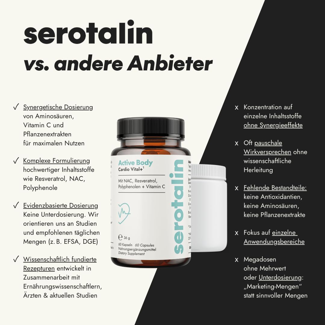 serotalin Active Body Cardio Vital+| Resveratrol hochdosiert mit NAC, Vitamin C & Polyphenole| 100% vegan & Made in Germany | 1 Monat | 60 Kapseln