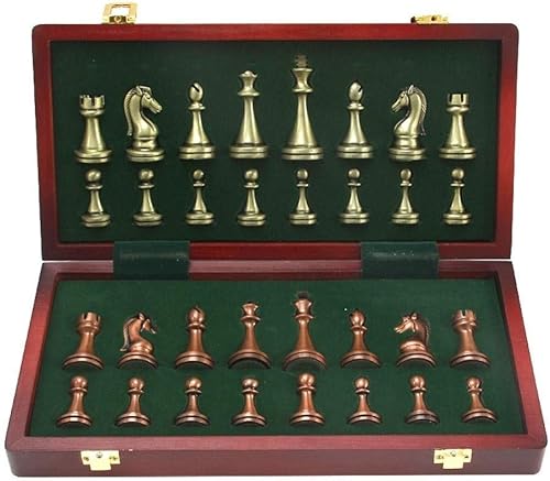 ROLTIN Chess Set Gift Large Metal Deluxe Chess Retro Copper Plated Alloy Chess Adult Set Board Game Portable Wooden Box Storage Folding Chess Set