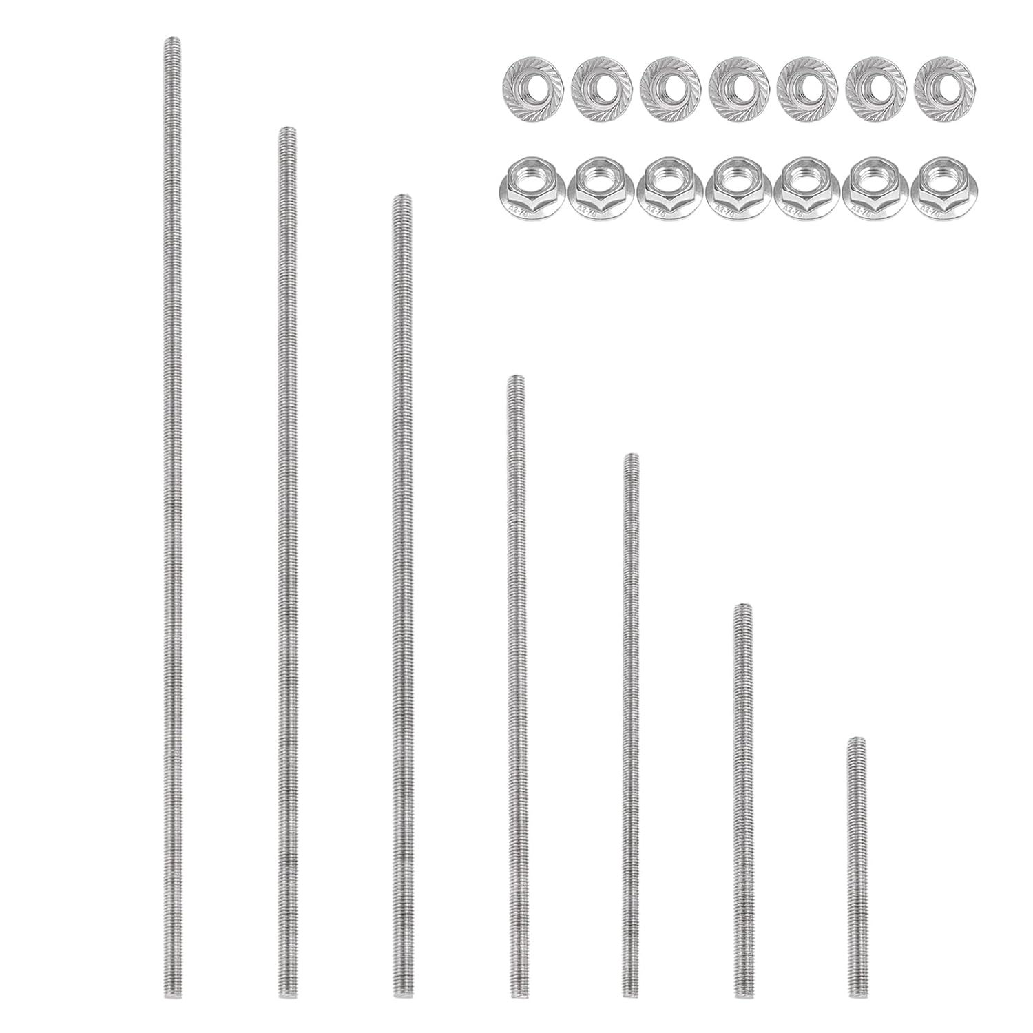 PATIKIL M8 x 1.25mm Fully Threaded Rods 7 Size, 304 Stainless Steel All Threaded Rod Metric Right Hand Threads with 14Pcs Flange Hexagon Nut for Clamps Hangers U-Bolt