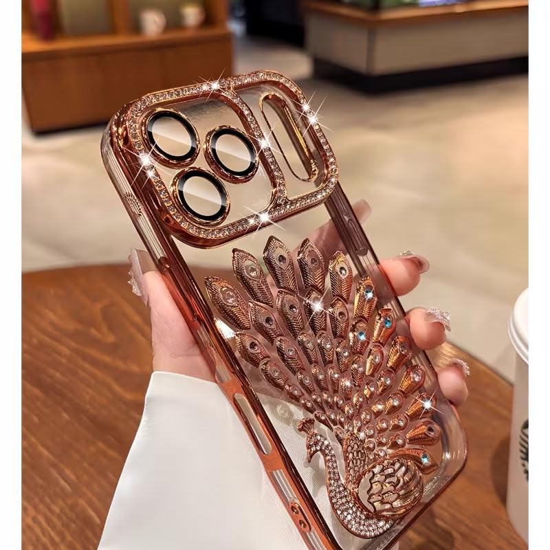 Image of mobistyle Designed for iPhone 17 Pro,3D Diamond Luxury Electroplate Glitter Peacock Tail Bling Design Camera Protection Shockproof Phone Back Cover Case for (Orange, iPhone 17 Pro)