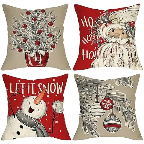 Selmad Christmas Santa Claus Snowman Throw Pillow Cover Set of 4, 20 x 20 Christmas Tree Ornaments Holly Berries Hohoho Red Cushion Case, Let It Snow Winter Holiday Home Decoration Pillowcase Decors Cover